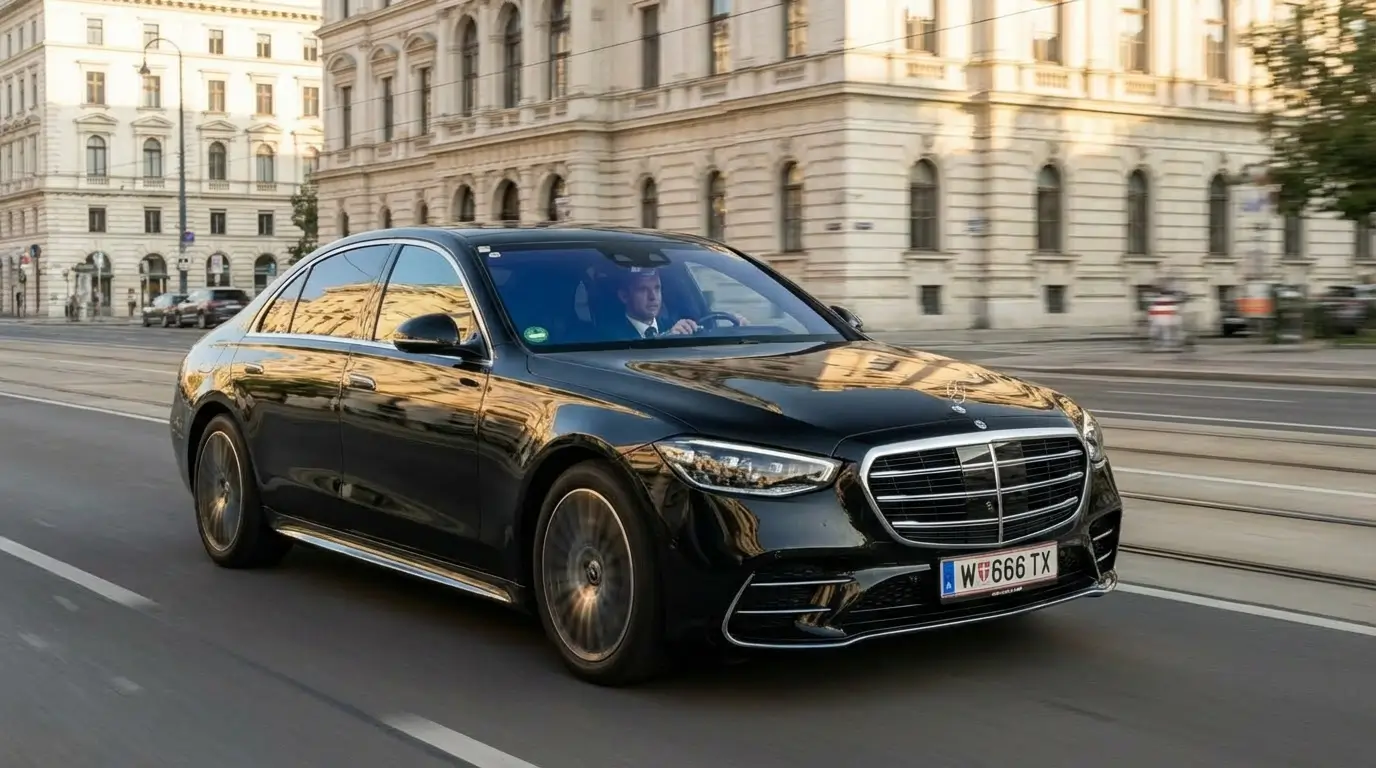 Diskreter Chauffeur öffnet Wagentür für Geschäftskunden in Wien