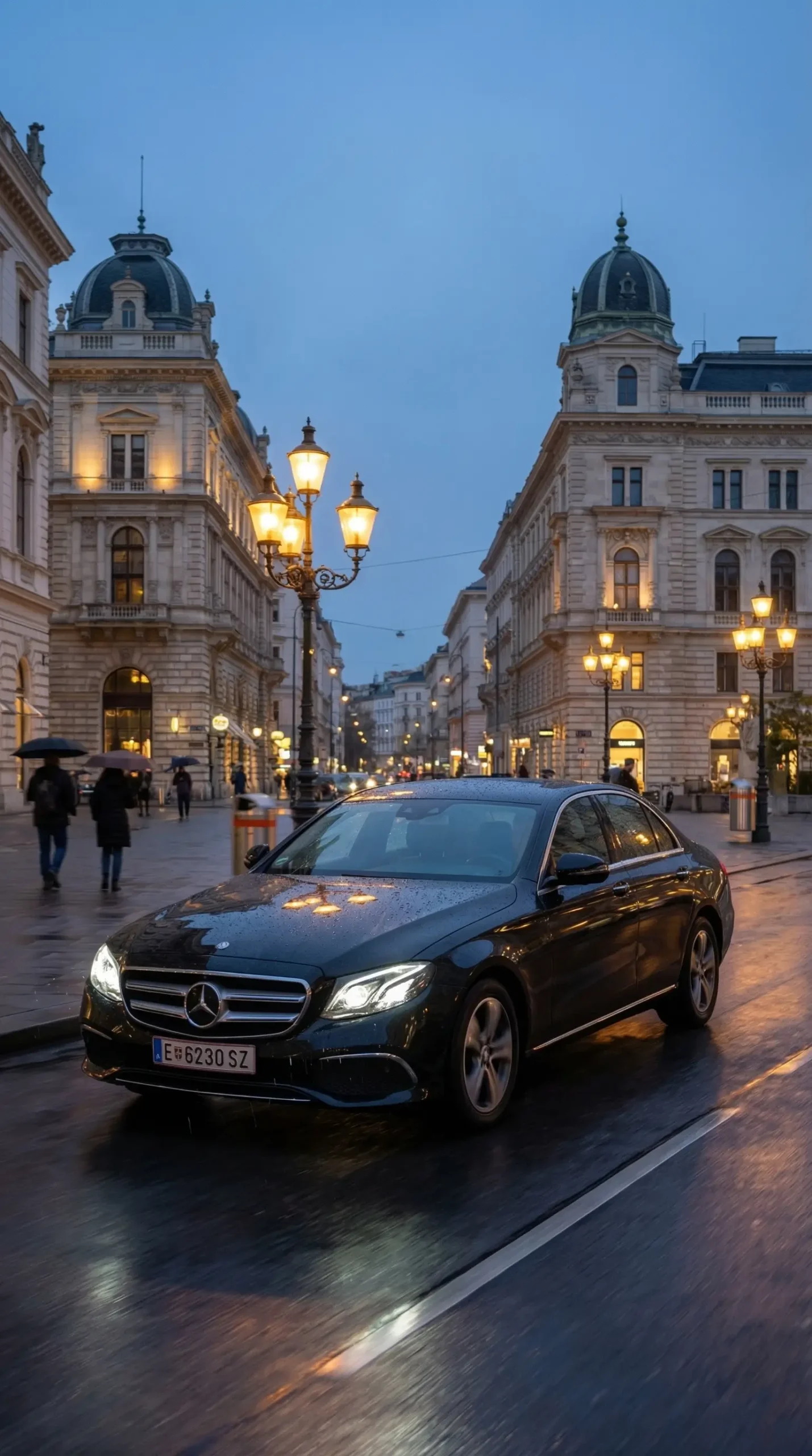 VIP Taxi Wien Mercedes S-Klasse vor elegantem Wiener Restaurant