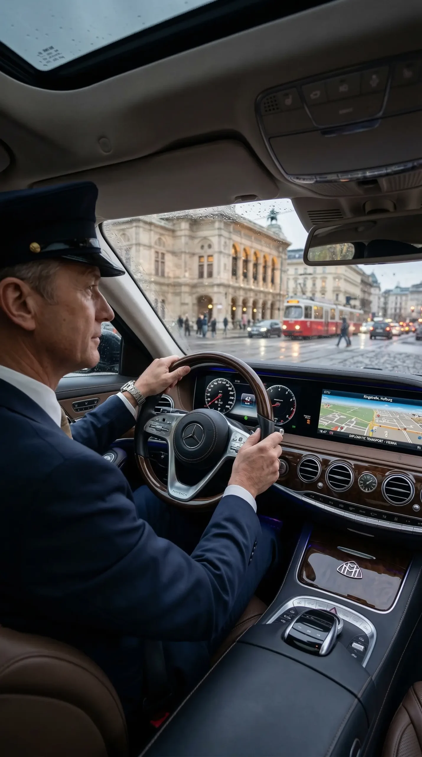 Mercedes S-Klasse für Diplomatentransfer Wien vor dem UNO City Komplex