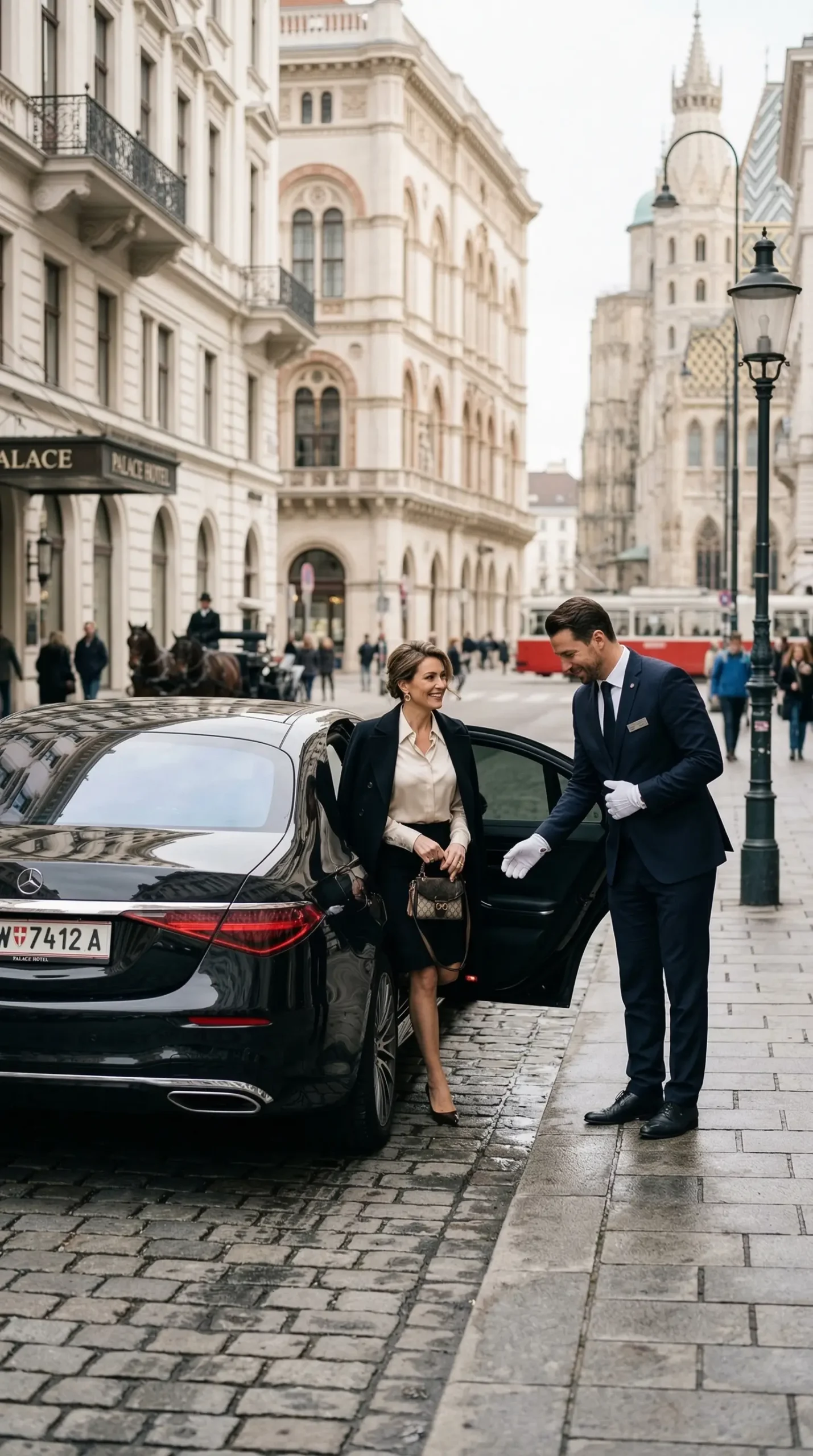 Diskreter Privatfahrer Wien wartet geduldig neben schwarzer Mercedes Limousine