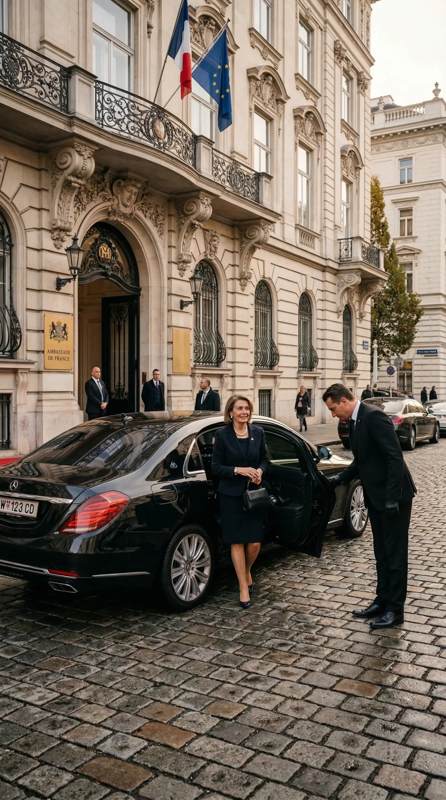 Professioneller Chauffeur Botschaft Wien öffnet Tür für diplomatischen Gast