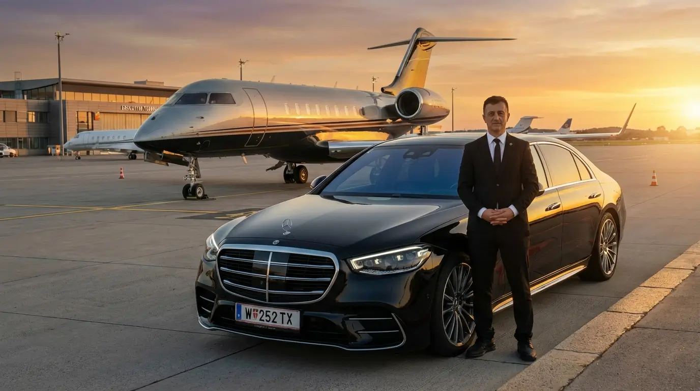 Chauffeur begrüßt Geschäftsreisenden beim Flughafentransfer Wien mit Namensschild